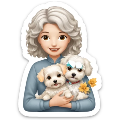 silver, short, wavy-haired with loose curls, smiling pretty lady holding westie dog and lhasa apso dog sticker