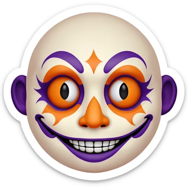 Juggalo smiley face that is Perfectly round and hairless with white skin and elaborate but symmetrical lined face paint that is orange outlined in dark purple sticker