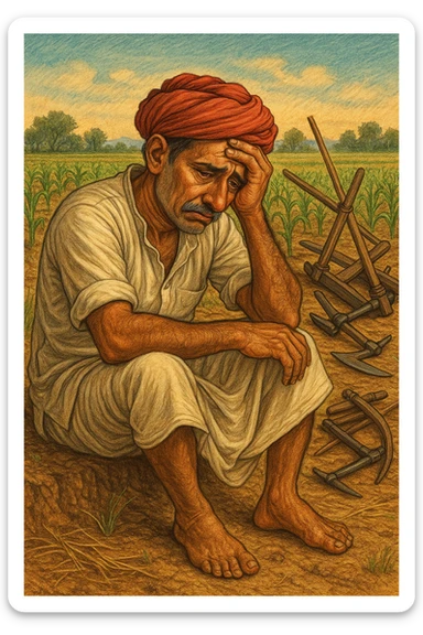 An Indian farmer wearing a dhoti, sitting sadly in a farm, expressive face, rural background, detailed illustration. sticker