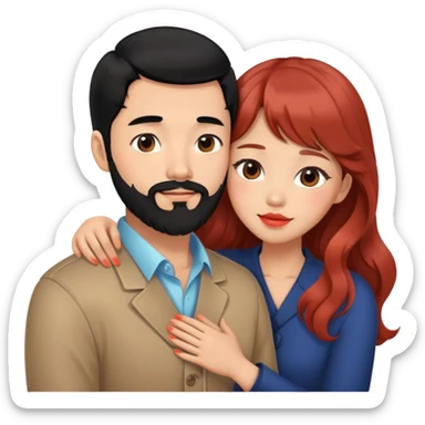 handsome tall asian man with black hair and beard, hugging cute woman with tan skin and long wavy reddish brown hair with bangs and coral lipstick sticker