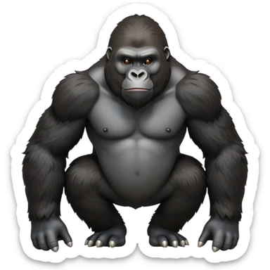 cinematic-gorilla-realistic-full-body-on-all-fours-emoji,-exuding-strength,-thick-dark-fur-in-the-light,-head-tilted-dramatically,-deep-friendly-eyes-filled-with-intense-intelligence,-simplified-yet-realistic-focused-features,-highly-detailed, zoomed out friendly  sticker