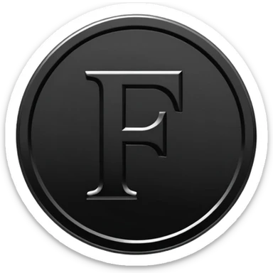 Emoji icon of a black coin with engraved letter F, minimalist style, isolated, only black color sticker
