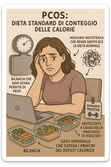 "Desperate woman with PCOS following standard calorie-counting diet, scale showing no weight loss despite strict adherence, expression of confusion and defeat, meal prep containers with healthy foods, insulin resistance making normal dieting ineffective, hormonal chaos overriding caloric deficit principles, gym membership unused due to lack of results scritte in italiano sticker