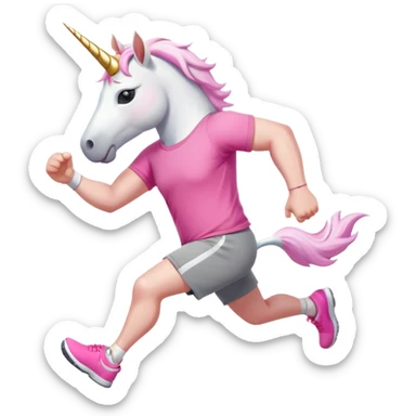friendly anthropomorphised male white unicorn with a stocky, strong build, white arms and legs, wearing grey shorts and pink t-shirt, dark sunglasses, jogging upright in a relaxed pose sticker
