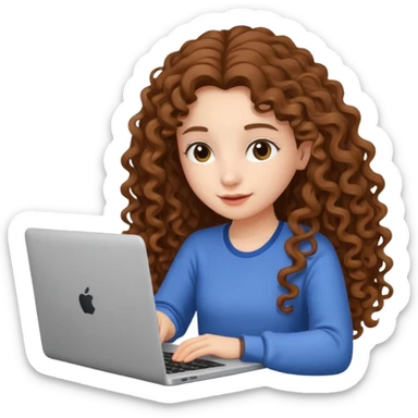 A girl with long curly hair is preparing for IELTS online with a laptop. sticker