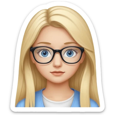 Fille 20ans qui a des cheveux long et blond  avec des lunettes et des yeux bleu- gris avec du mascara sur les yeux et un haut blanc sticker