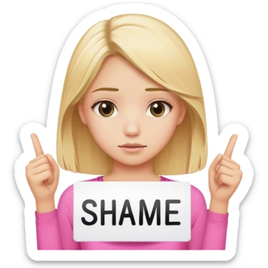 a girl with blonde hair wearing a pink top holding up a sign that says SHAME on it sticker