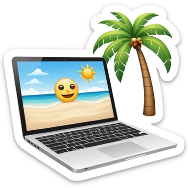 A minimalist emoji-style icon representing workation: An open laptop in the foreground on the beach. Background shows sea, sun, and a palm tree. No people, no text, clean and simple design like an emoji. sticker