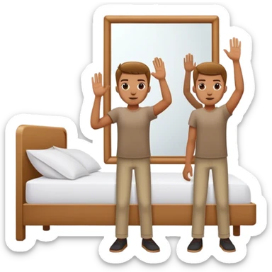 A person stands beside their bed, rolling out groggily with determination. The bed behind them is neatly made, a mirror in front of them shows them high-fiving their reflection. A glowing sunrise outside signals the start of a productive day. sticker