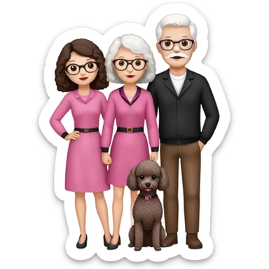 Family of four. The dad has white hair, glasses and a mustache. Mom has brown hair. Kids are in mid twenties a brunette girl wearing pink clothes and a brunette boy wearing black. They have two dogs small poodle mix where one is white and one is light brown sticker
