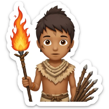 ancient boy, tattered animal skin cloth, hold fire stick sticker