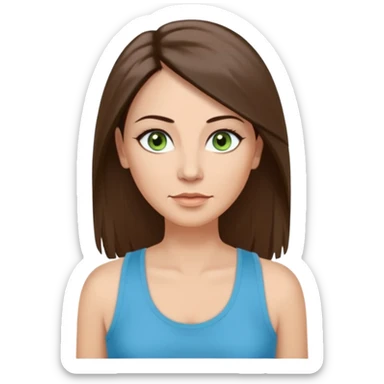43 year old Adult woman avatar, light skin tone, long, oval face, long straight ashy brown hair, green almond-shaped eyes with dramatic eyelashes and minimal eyeliner, neutral mouth, medium straight eyebrows, small nose, smooth skin, sky blue tank top sticker