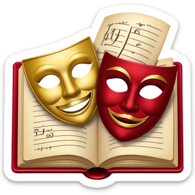 Create a bold and dramatic emoji representing the art of playwriting. The design should feature an open script or a theater playbook, with stylized text lines or dramatic dialogue inside. Include elements like a theatrical comedy and tragedy masks, a stage spotlight, or a writting quill to symbolize creativity and performance. Use deep, contrasting colors like red, black, and gold to evoke the intensity and passion of drama. The overall design should feel dramatic, inspiring, and artistic. Make the background transparent. sticker