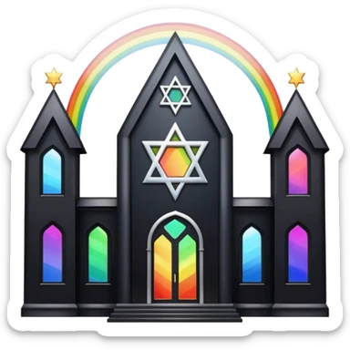 jewish synagogue temple in dark goth aesthetic style with black building and very light tint glass windows that are rainbow if looked at together. and star of david and celestial symbolism sticker