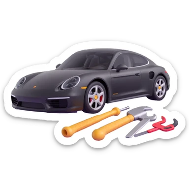 Porsche luxury car with dent repair tools like a lever and small hammer, elegant and modern sticker