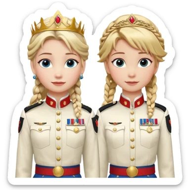 Blonde single braided haired Elsa and brown double braided haired Anna arendelle from disney frozen movie are same wearing gold tiara white military tunic arm badge shoulder cord medal red sash blue belt black trouser with both side red stripe white overknee boots sticker