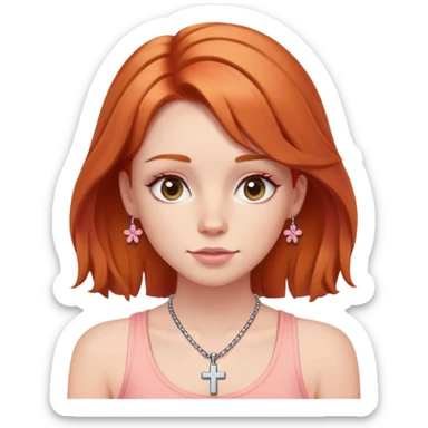Auburn ginger haired girl with eyelashes wearing a cross necklace and a light coral pink tank top sticker