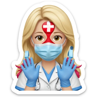 enfermera rubia con pelo largo, con mascarilla y guantes azules que aperezcan las dos manos, como las primeras imagenes que enviaste sticker