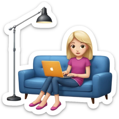 A girl is working with a laptop while lying on a sofa, with a floor lamp to the right. sticker