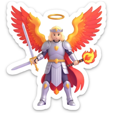 Archangel Michael in armor with flaming sword and large wings sticker