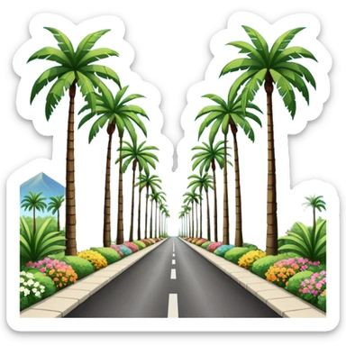 palm tree lined pedestrian pathway with tall green palm trees on both sides, colourful flowering bushes on each side, clear blue sky, bright sunny weather with symmetrical perspective view down the road. grey concrete road. warm tropical holiday vibe sticker