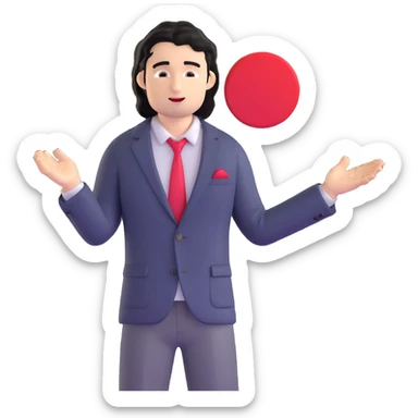 Business strategist with black wavy hair, stubble, chiseled face, wearing blazer and button-up shirt, giving an inspirational TED-style talk about innovation on a minimalist stage with red circle, dynamic speaking pose sticker