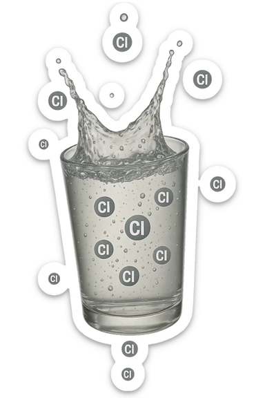un bicchiere di acqua cade verticalmente dall'alto realistico e dettagliato, dentro l'acqua del bicchiere ci sono particelle di cloro ben visibili con la scritta "Cl" sopra, ci sono particelle anche che escono dal bicchiere e fluttuano in aria verticalmente, mentre alcune sono all'interno dell'acqua nel bicchiere, iperrealistico 4k sticker