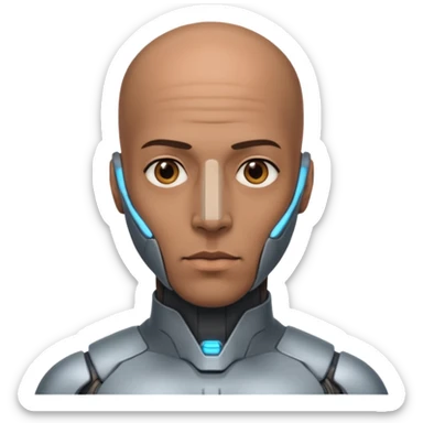 bald dark brown man, vertical half of his face covered in cyborg augmentations sticker
