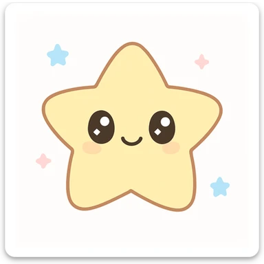 kawaii style cheerful star character, sparkly eyes, soft yellow, simple background sticker