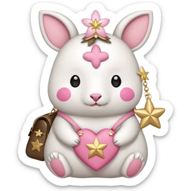 GENERATE ME A MOMONGA WHITE ANIMAL  FROM CHIIKAWA AND PUT A SAKURA FLOWER ON HIS HEAD AND A STAR PELT ON HIS BELLY AND A HEART PURSE ON HIS ARM WITH HIS FACE sticker