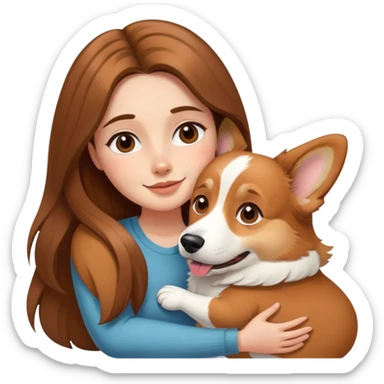 Girl with long brown hair hugs a corgi dog sticker