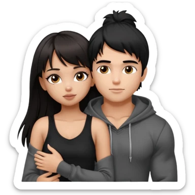 generate a pretty bratz girl in black cami top, dark brown straight long hair with bangs, eyeliner on, 

hugging a handsome muscular boy with black hair and a grey hoodie sticker
