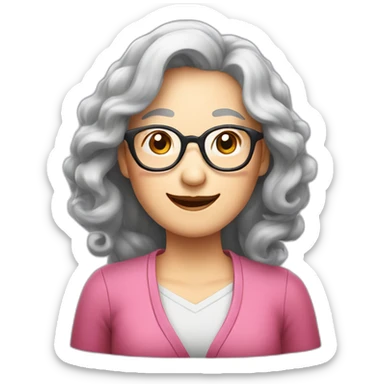 Chinese senior lady with long wavy hair wear glasses show thank you gesture sticker