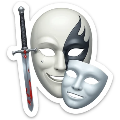 A sword in the middle, on the write sad mask and on the left happy mask sticker