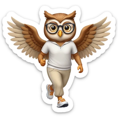 friendly anthropomorphised owl with wings instead of arms, in pants and a shirt, wearing glasses, jogging upright, standard pose sticker