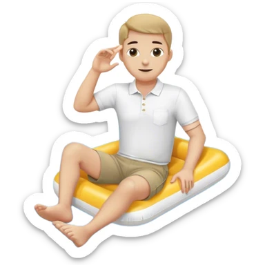 Pool attendant. white polo shirt. khaki shorts. black. sitting on a swimming pool float sticker