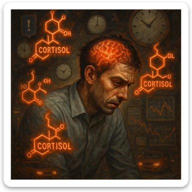 semi-realistic, symbolic surrealism; stressed man in his 30s, tired eyes, tense muscles, hunched posture; floating 'Cortisol' symbols with orange-red glow; chaotic background (clocks, notifications, traffic, charts); brain visible with red-orange neural activity; moody lighting, expressive face sticker