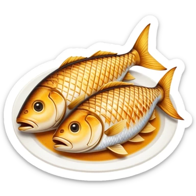 Gradele Cinematic Realistic Gradele Dish Emoji, depicted as 2 perfectly grilled fish with prominent grill marks and a smoky finish, rendered with vivid textures and dynamic, natural lighting. sticker