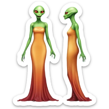 reptilian green alien woman, in long slim pastel orange formal party satin dress with gradient shiny sparkling dark red, full figure, full body sticker