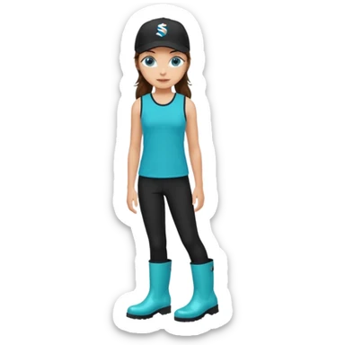 A landscaper in a beautiful turquoise longsleve and turquoise rubber boots, black pants, and a black sleeveless shirt. On her head is a black color Swissotel baseball cap. The girl is a brunette with blue eyes. sticker