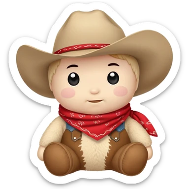 A cuddly baby cowboy plush toy with a red bandana and chubby cheeks sticker