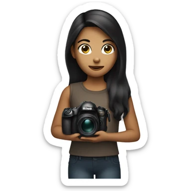 Girl with dark Haie and brown eyes Holding a Nikon Camera in her hands sticker