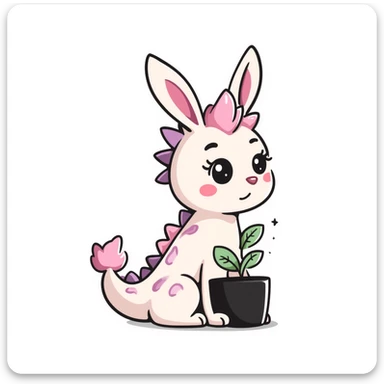 Kawaii bunny plant dragon in Samriel style, tiny spikes, extremely cute, exaggerated proportions, huge sparkly eyes, soft rounded shapes, blushing cheeks, pastel colors with pink and purple tones, delicate linework, small mouth, adorable expression, slightly sketchy lines but clean overall look sticker