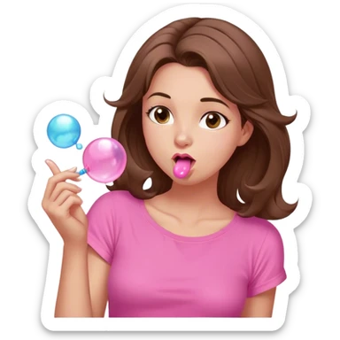 A digital illustration of a cartoon-style woman with shoulder-length brown hair, wearing a pink shirt. She is blowing a pink bubble gum bubble while playfully twirling a strand of her hair with her fingers. Her facial expression is relaxed and carefree. The background is plain white *3d emoji* sticker