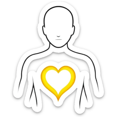 minimalist b&w male silhouette with flowing black-and-white curves across the lower body, now overlaid with a small, softly glowing spark or radiant light near the chest or head — heart symbolizing inspiration, inner fire, and creative energy awakening” yellow glow sticker