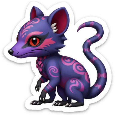 Rare warm-colored exotic gloomy tropical edgy cute epic aesthetic spooky indigo violet purple black red gothic colorful Salandit-Civet-species-Fakemon-hybrid-creature, with tribal tattoo markings, full body sticker