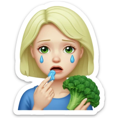 Woman crying eating broccoli. make tears blue color sticker
