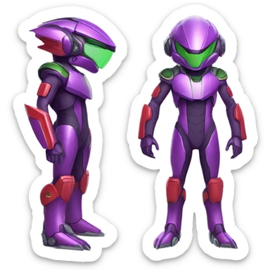 a shiny purple-green-red Genesect-Raptor-Fakémon—hybrid with a futuristic visor-helmet full body sticker