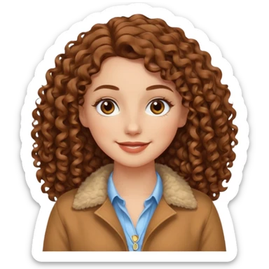 White girl with brown long 3A curly hair, brown almond shape eyes, refined wide nose, natural lips. Cute clothnig sticker