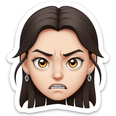 angry girl with long dark brown hair, grey eyes, nose earring on right, pierced ears sticker